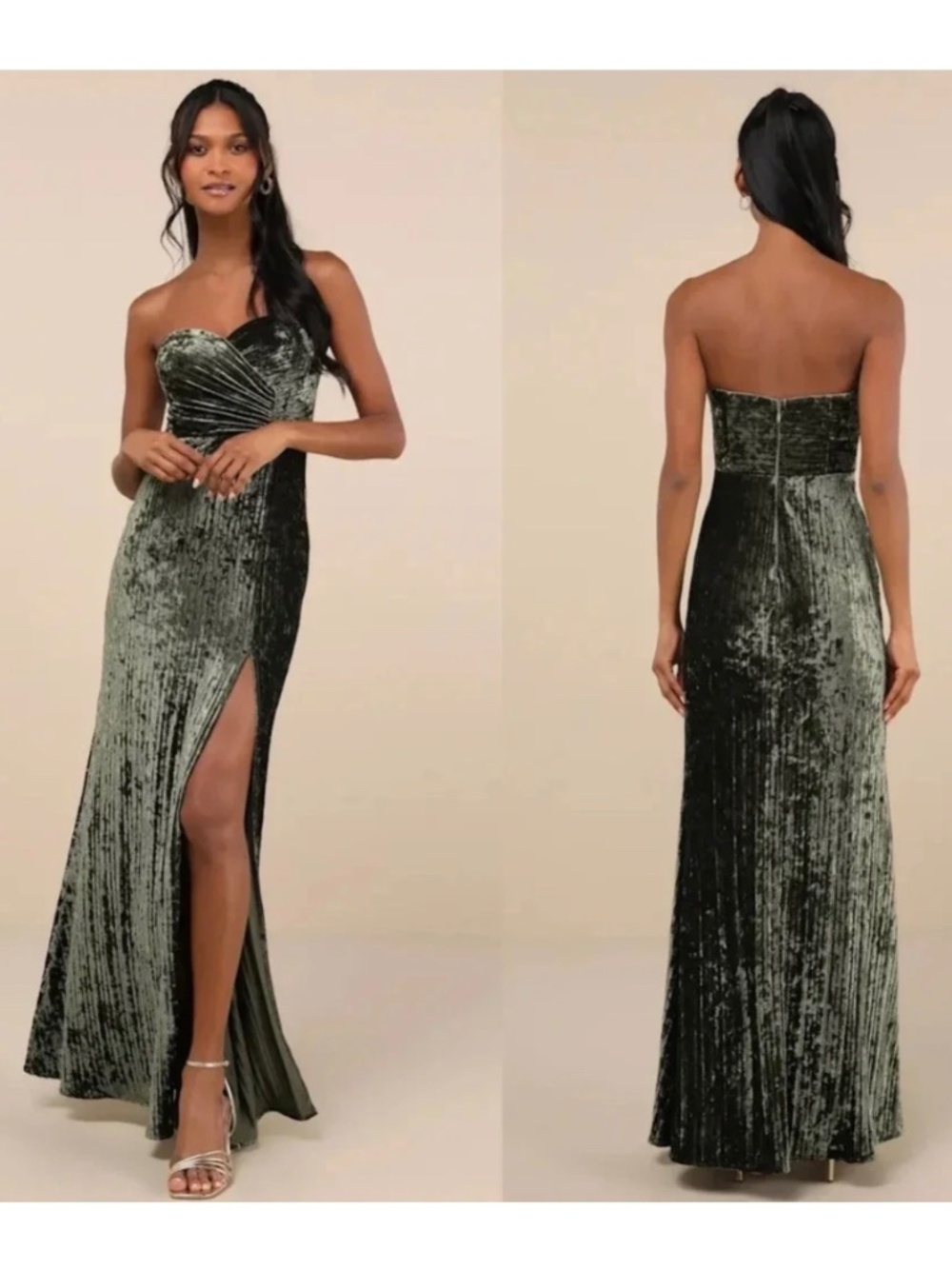 NWT Lulus Classy Sensation Olive Velvet Pleated Strapless Maxi Dress M